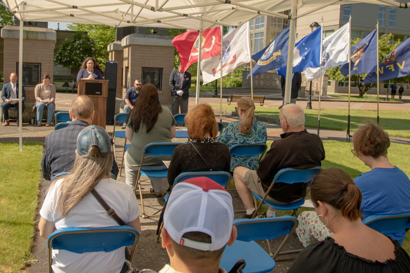 Centralia College staff member Kathy Tukes opens up the colleges Memorial Day ceremony this past Thursday morning.