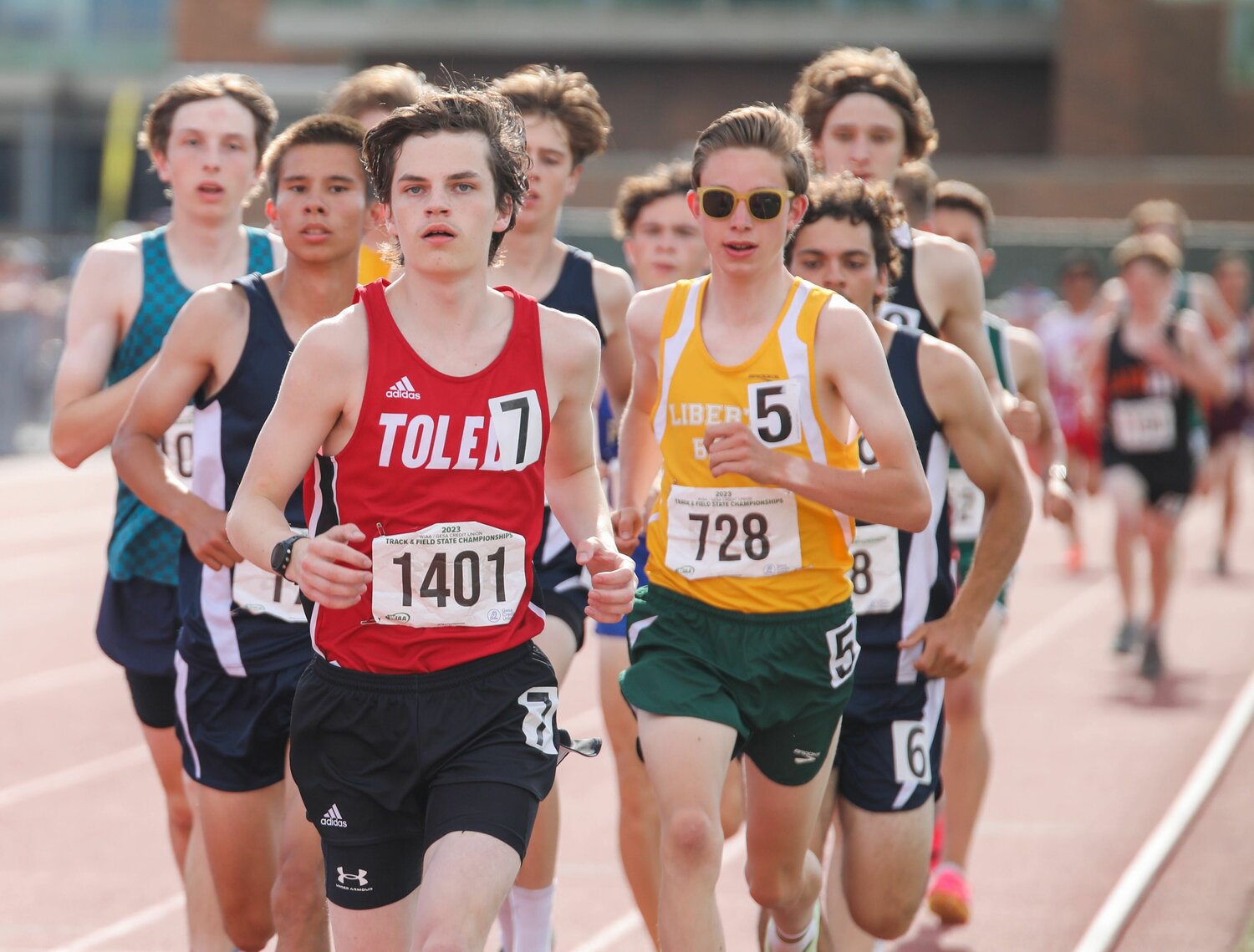 Toledo's Treyton Marty leads the pack during the boys 3,200 meters at the 2B state championships, May 27 in Yakima. Marty finished seventh.