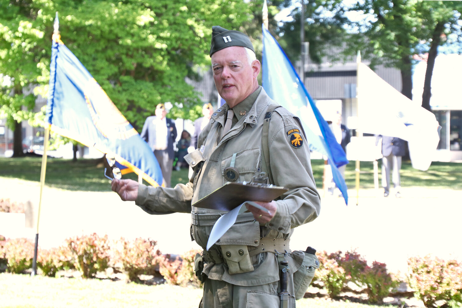 Lewis County Historical Society President Peter Lahmann speaks to attendees of a Memorial Day ceremony at George Washington Park in Centralia Monday. Lahmann is also the owner of America’s Team Museum in downtown Centralia.