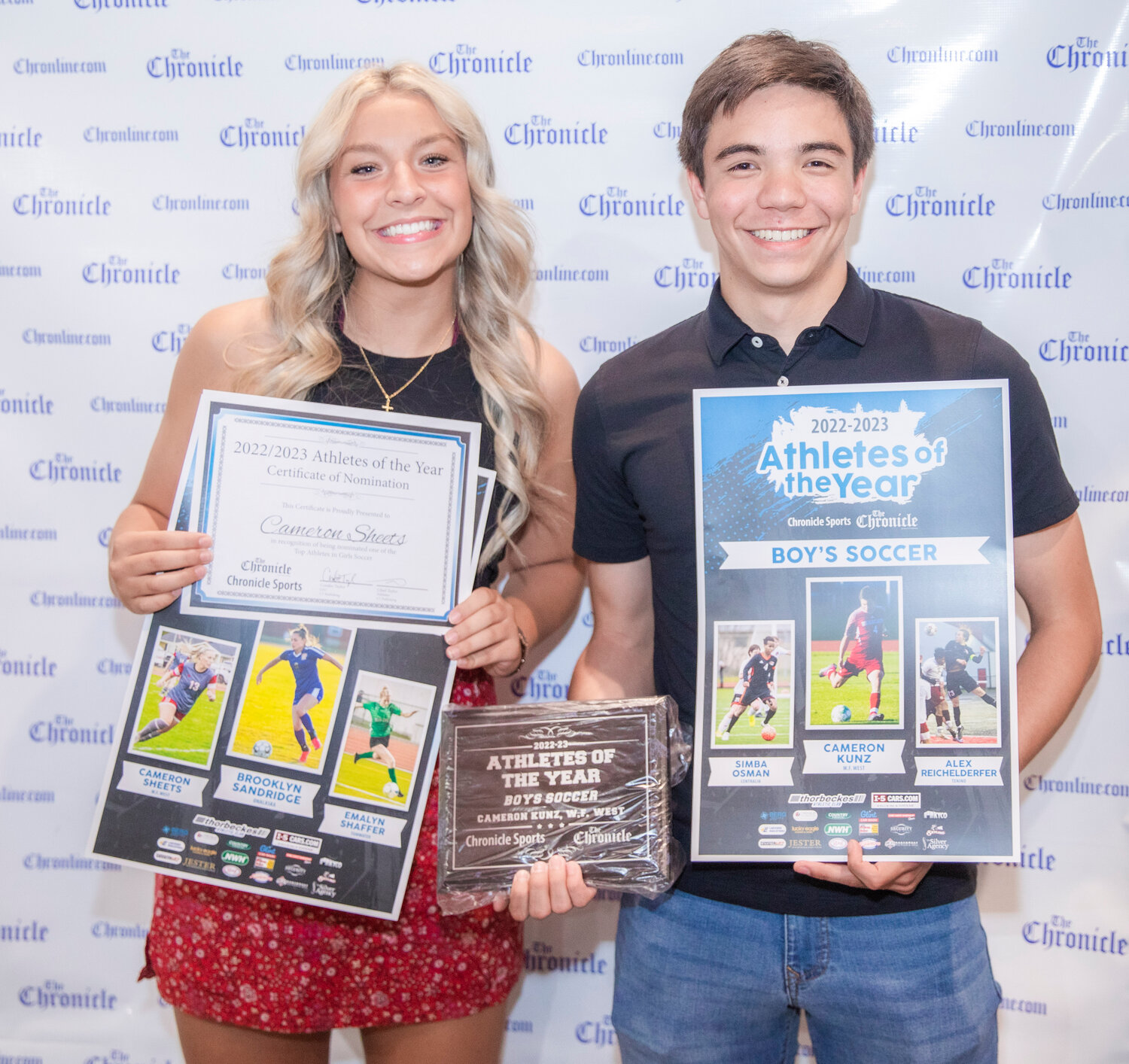 W.F. West’s Cameron Sheets and Cameron Kunz smile for a photo Tuesday evening during the “Athletes of the Year” banquet at the Jester Auto Museum.