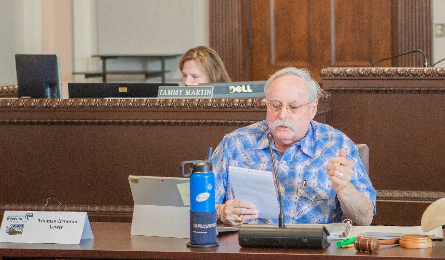 Chair of the Board of Equalization Tom Crowson reads through notes in the courthouse in Chehalis on Thursday, June 1, 2023.