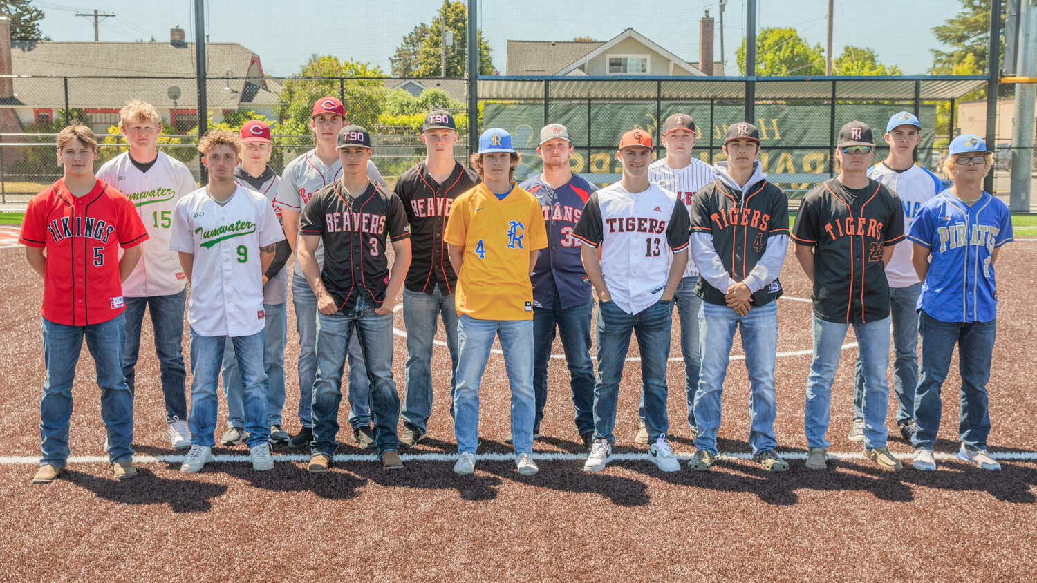 From left to right, Mossyrock’s Keegan Kolb, Tumwater’s Alex Overbay and Eddie Marson, W.F. West’s Deacon Meller and Hunter Lutman, Tenino’s Easton Snider and Austin Gonia, Rochester’s Mason Ubias, PWV’s Garrett Keeton, Centralia’s Brady Sprague, Toledo’s Caiden Schultz, Napavine’s Ashton Demarest and Conner Holmes, and Adna’s Danner Hoinowski and Tristan Percival pose at Bob Peters Field in Centralia. Not pictured: Rochester’s Braden Hartley.