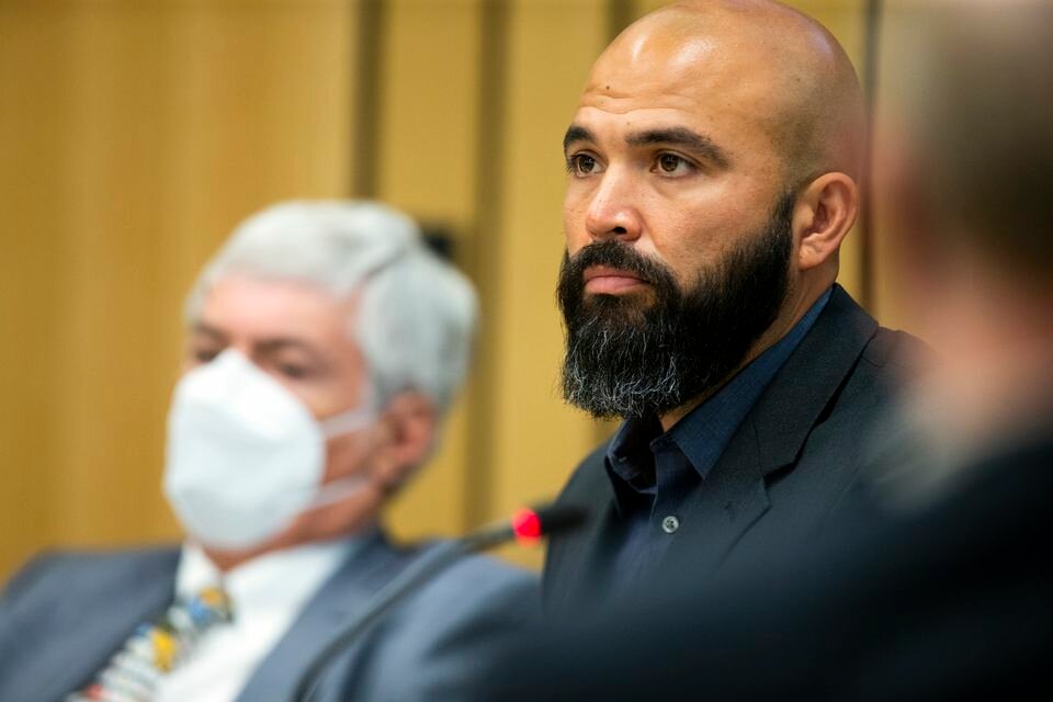 Joey Gibson at his trial.  The joint trial for Gibson, Mackenzie Lewis and Russell Schultz, each charged with one count of felony riot in a May 1, 2019 incident outside of a bar in NE Portland, began on Mon., July 18, 2022.