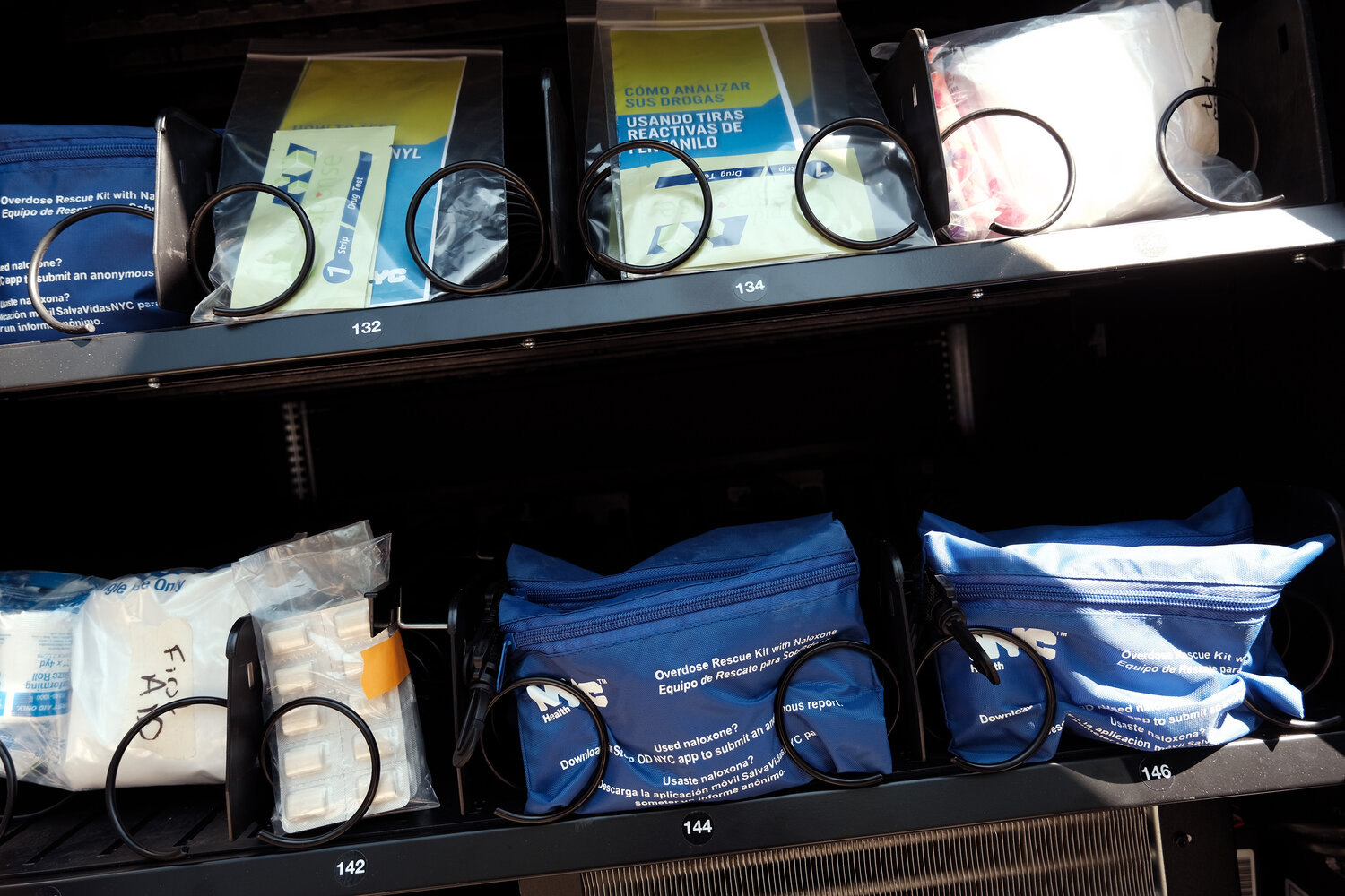 Some of the items are displayed in a new vending machine in Brooklyn that will disperse fentanyl test strips and naloxone as well as hygiene kits, maxi pads, Vitamin C, and COVID-19 tests for free on June 5, 2023, in New York City. (Spencer Platt/Getty Images/TNS)