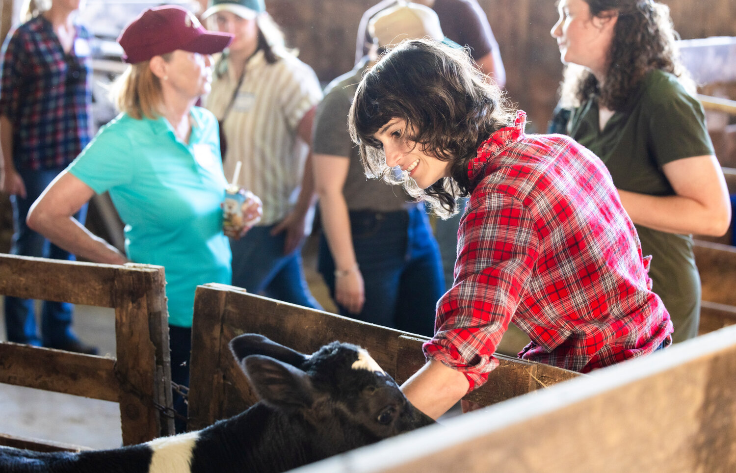 Congresswoman Marie Gluesenkamp Perez smiles while petting a calf at the Styger Family Dairy on Monday, July 31.
