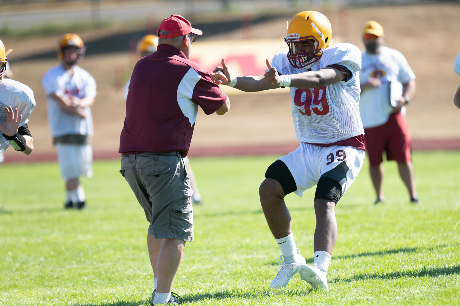 Fortune Solonio sets up a block during a drill at Winlock's Aug. 19 practice.