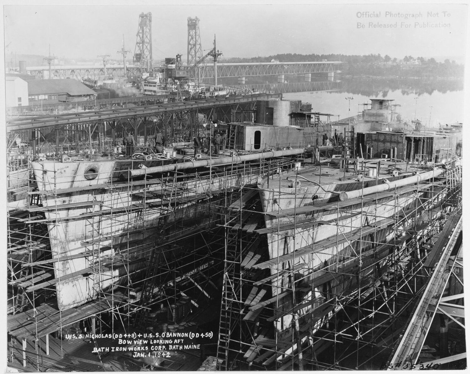 The U.S.S. Nicholas, left, and U.S.S. O'Bannon, right, are pictured under construction together at Bath Iron Works in Main on Jan. 1, 1942. Photo courtesy the National Archives.