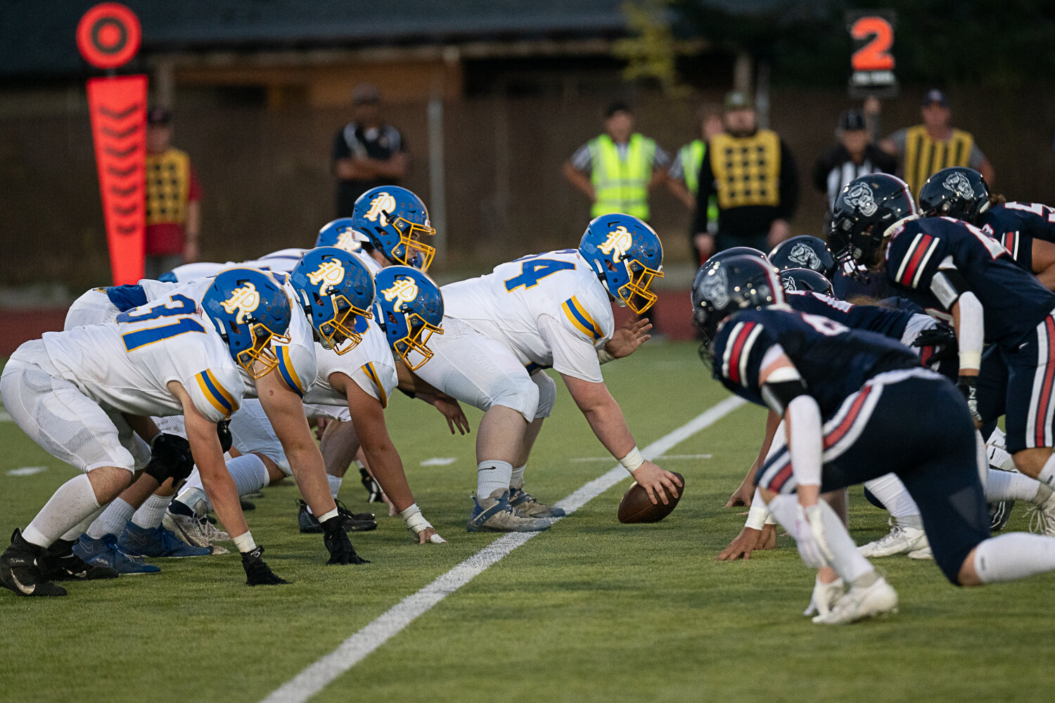 Rochester lines up for a play during the first half of its 20-14 overtime win over Black Hills on Sept. 15 at Tumwater District Stadium.
