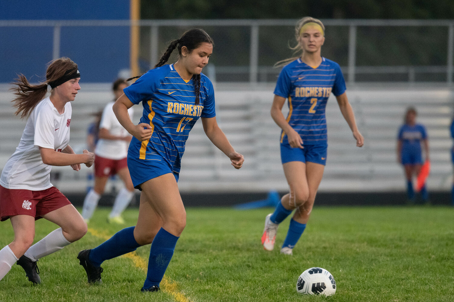 Ariel Maekawa Sanborn dribbles the ball during the second half of Rochester's match against Hoquiam on Sept. 18.