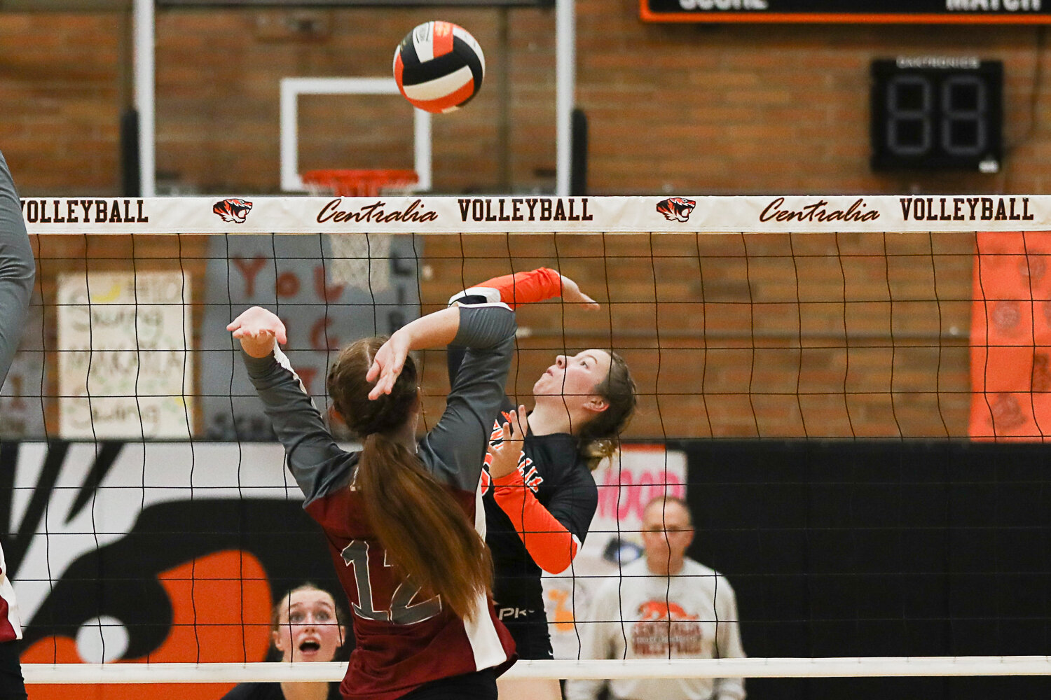 Hollynn Wakefield takes a swing at the net during the third set of Centralia's sweep over W.F. West on Sept. 21.