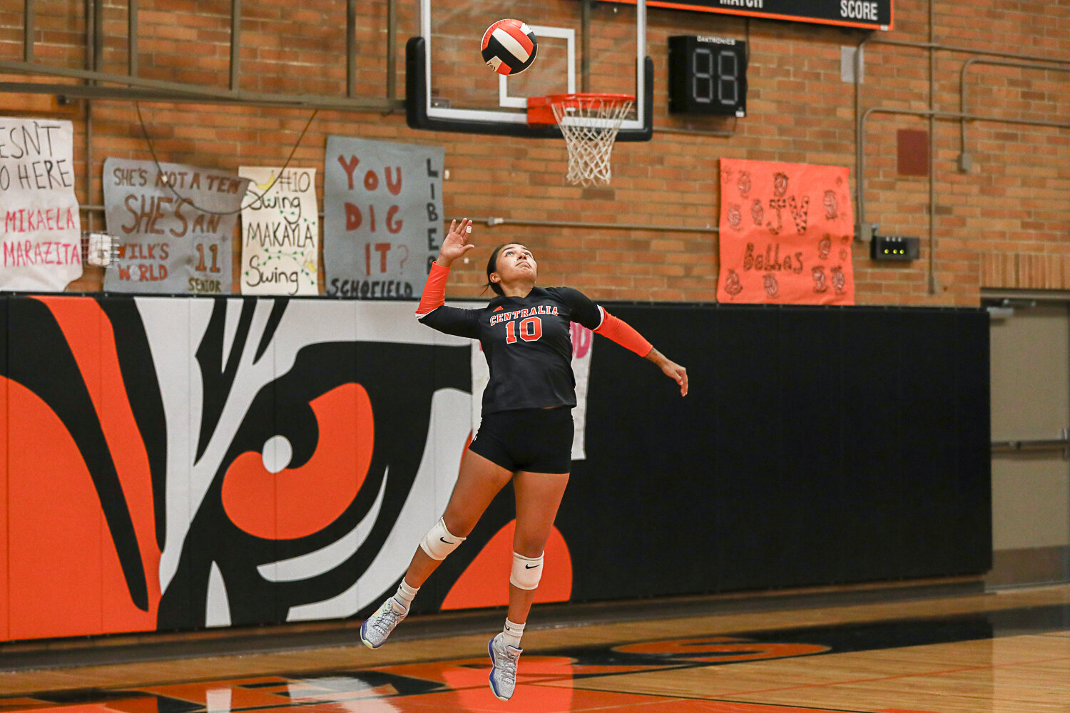 Makayla Chavez fires off a serve during the first set of Centralia's sweep of W.F. West on Sept. 21.