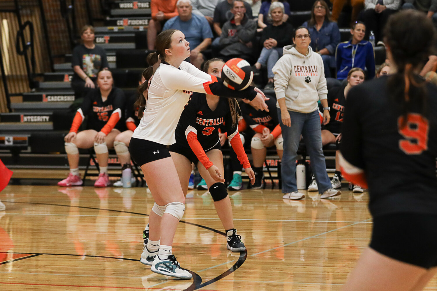 Gracie Schofield digs the ball during Centralia's three-set sweep of W.F. West on Sept. 21.
