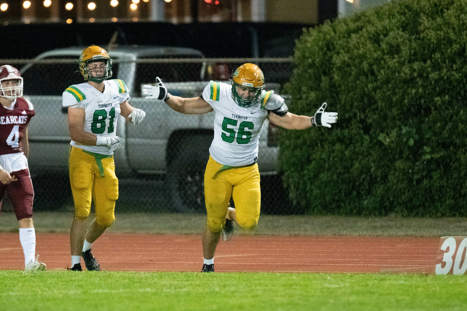 Alexander Hach celebrates a blocked punt in the first half of Tumwater's 55-20 win over W.F. West on Sept. 29.