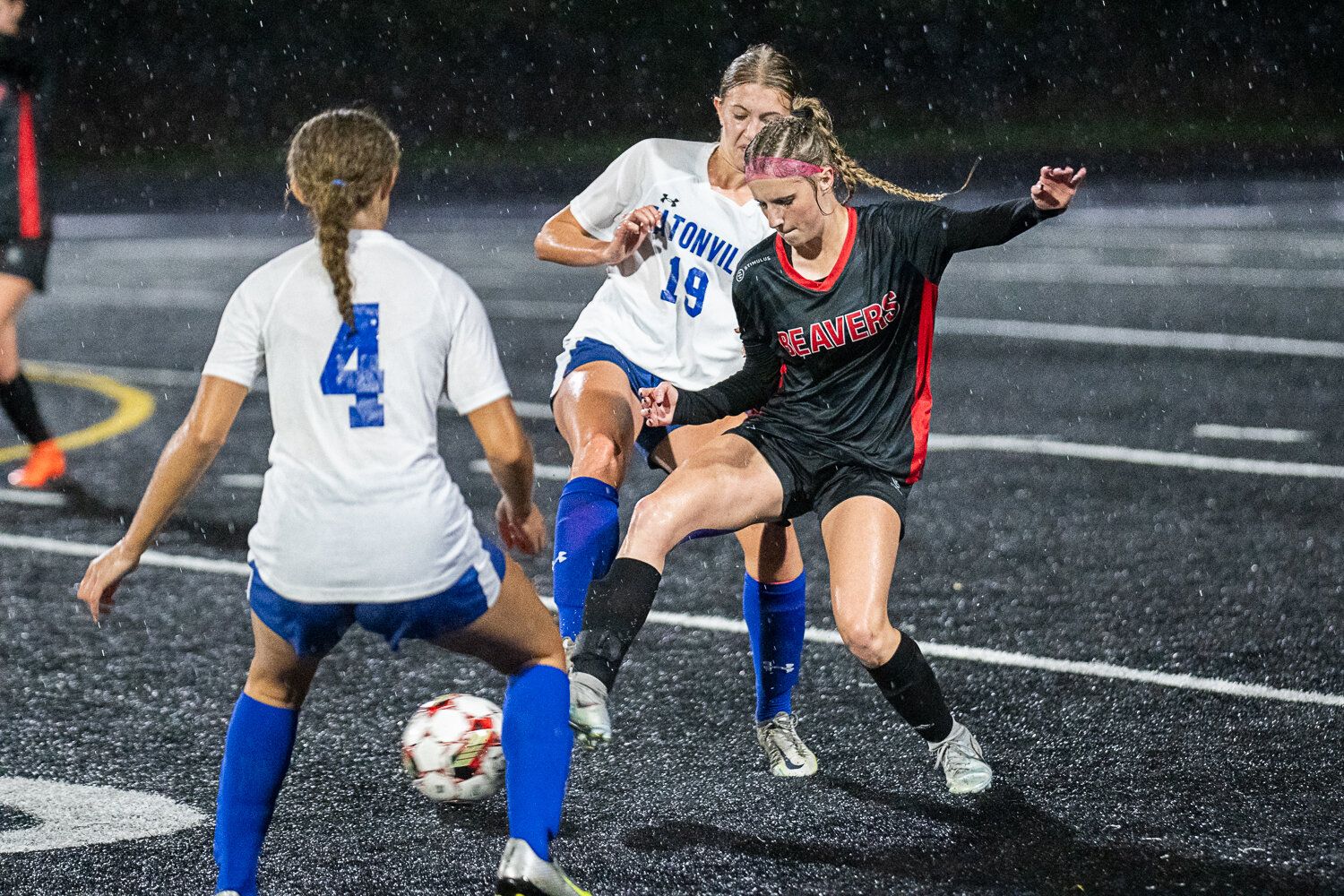 Kendra Cutlip gets stuck in to a tackle during the first half of Tenino's 1-0 loss to Eatonville on Oct. 10.