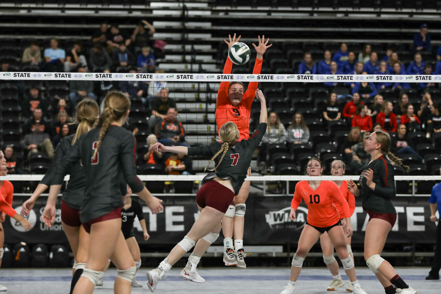 Keira O'Neill attempts to block the ball during Napavine's first-round matchup at the state tournament on Nov. 8 in Yakima.