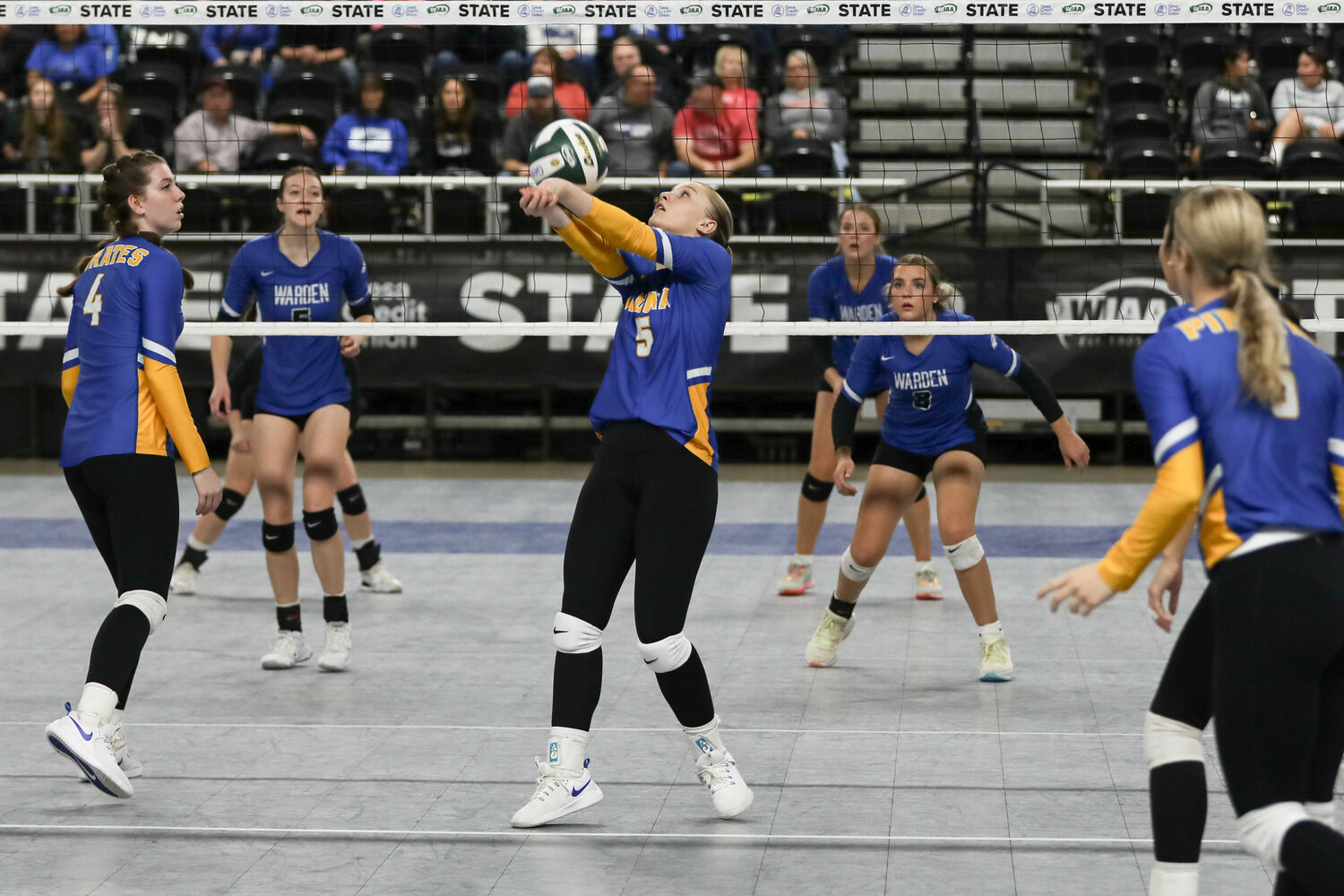 Gaby Guard bumps the ball over the net during Adna's first-round win at the state tournament on Nov. 8 in Yakima.