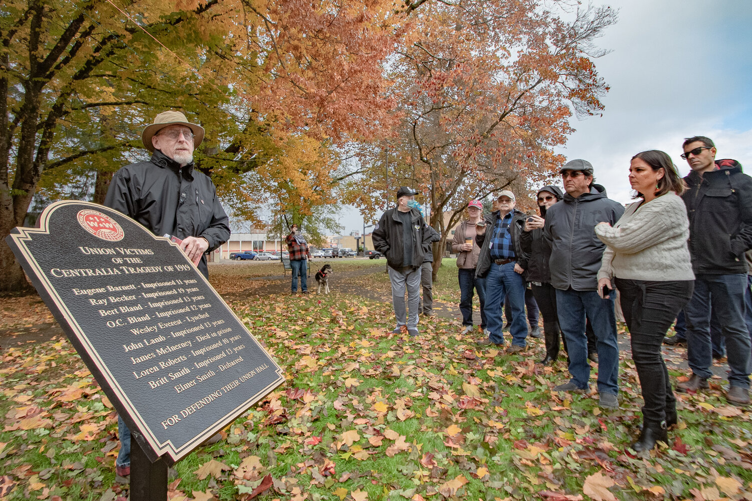IWW member Phil Reichel delivers a speech for the new bronze plaque in Centralia's George Washington Park dedicated on Saturday, Nov. 11, to the IWW union victims of the Centralia Tragedy of 1919.