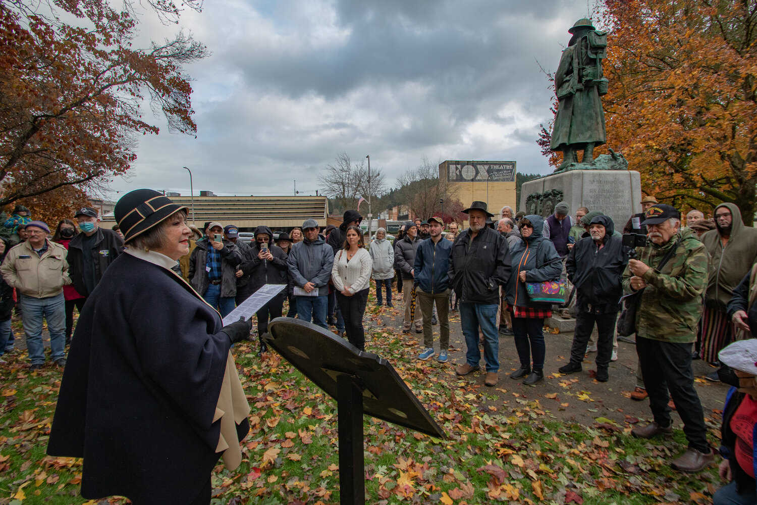 IWW member Mary Garrison reads the poem "The Last Soldier" by J. Augustus Smith during the dedication ceremony of a plaque in Centralia's George Washington Park on Saturday, Nov. 11, for the IWW union victims of the Centralia Tragedy of 1919.