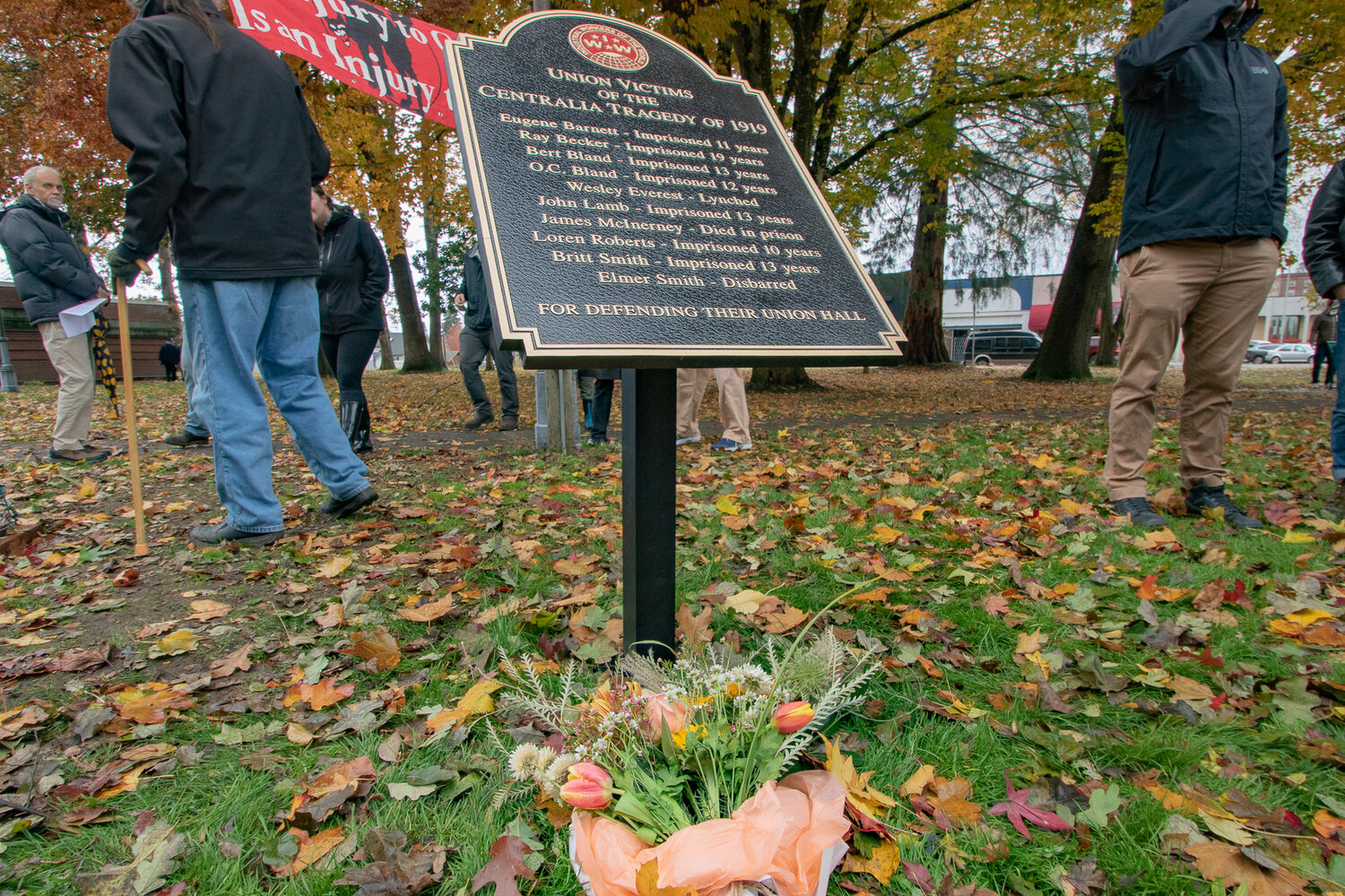 The names of Eugene Barnett, Ray Becker, Bert Bland, Ora Commodore “O.C.” Bland, John Lamb, James McInerney, Loren Roberts, Britt Smith, Elmer Smith and Westley Everest are seen on Saturday, Nov. 11, on a new plaque dedicated to them in Centralia's George Washington Park.