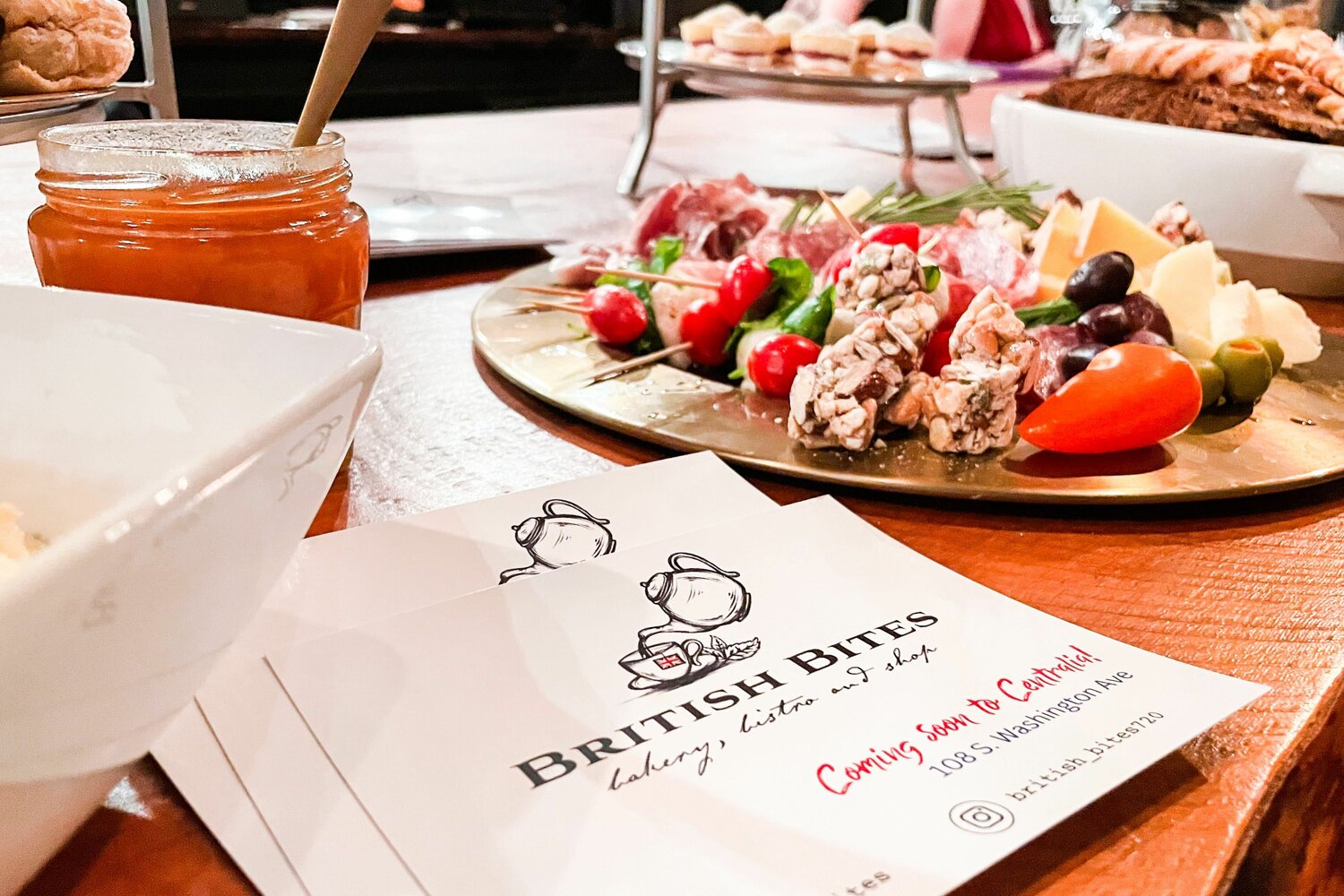 Food and flyers from British Bites, an eatery opening in Centralia on Saturday, are pictured at a catered event at the Juice Box last year.