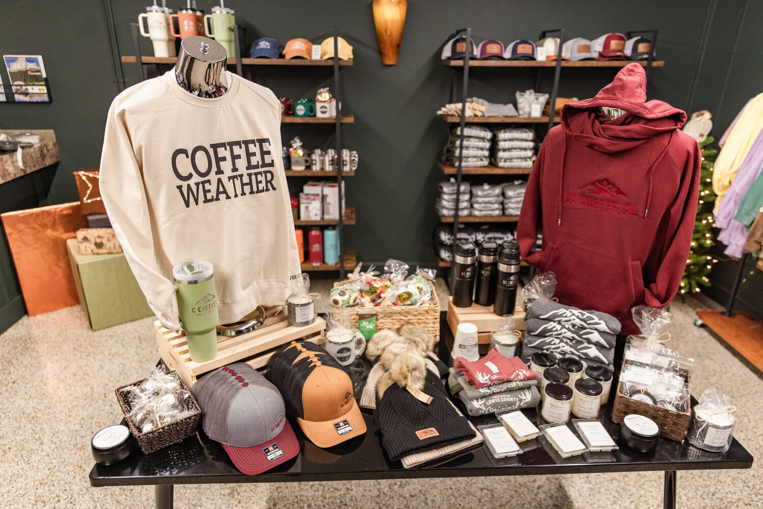 Christmas themed merchandise sits on display inside The Station powered by Lewis County Coffee Company in downtown Centralia on Friday, Nov. 17.