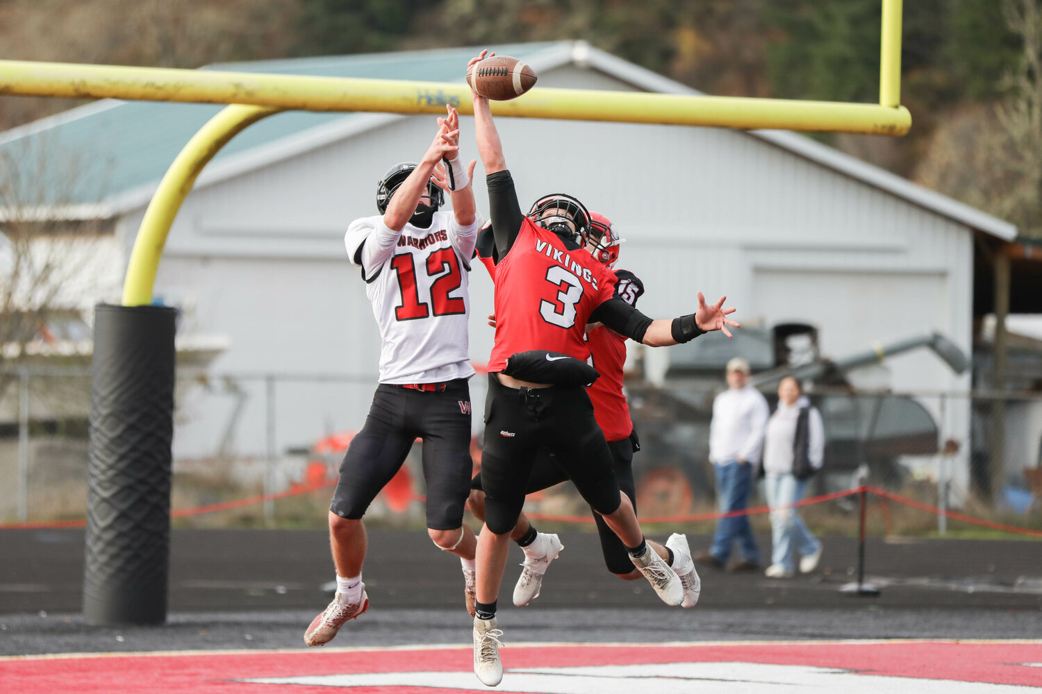 Easton Kolb comes down with a one-handed interception during the first half of Mossyrock's 46-30 win over Almira-Coulee-Hartline in the 1B state quarterfinals, Nov. 18 in Tenino.