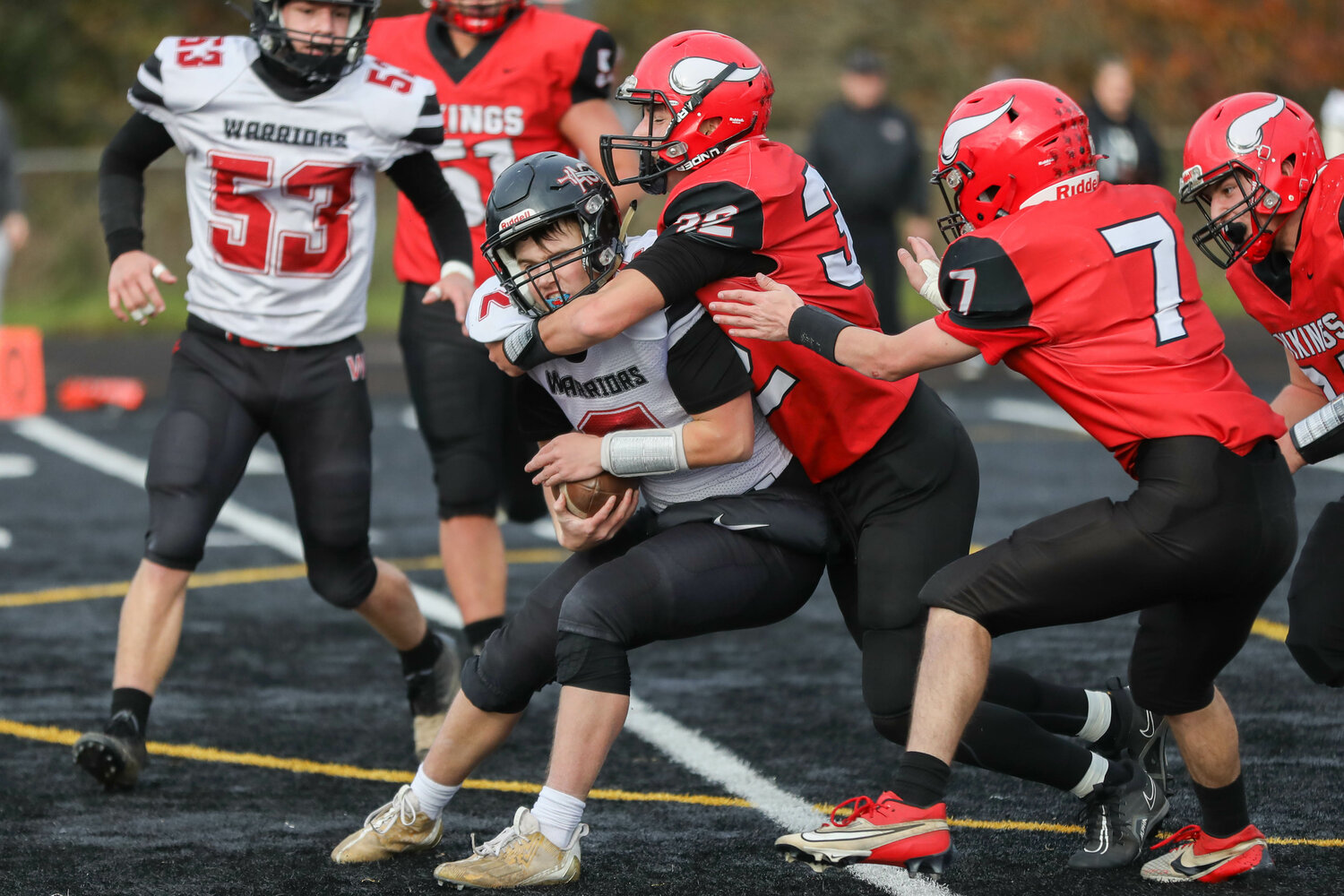 Hunter Isom stands up ACH quarterback Caden Correia during the first half of Mossyrock's 46-30 win over Almira-Coulee-Hartline in the 1B state quarterfinals, Nov. 18 in Tenino.