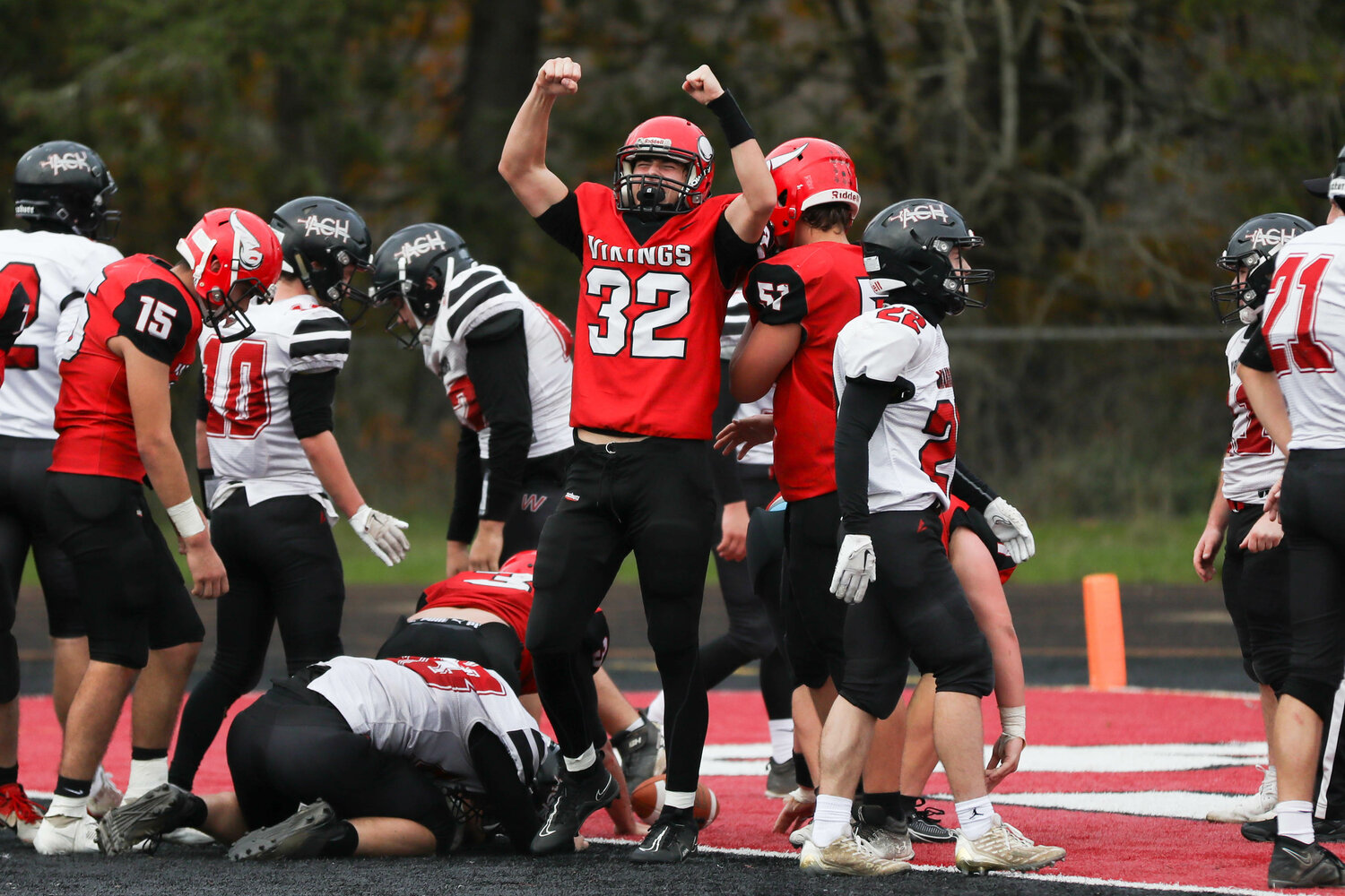 Hunter Isom celebrates the final touchdown of Mossyrock's 46-30 win over Almira-Coulee-Hartline in the 1B state quarterfinals, Nov. 18 in Tenino.