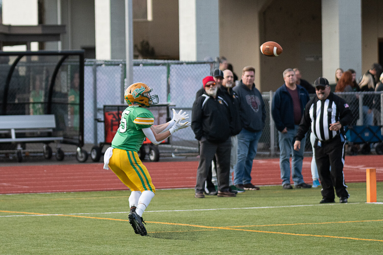 Logan Cole hauls in a touchdown in the corner of the end zone during Tumwater's 42-6 win over Clarkston in the 2A quarterfinals in Tumwater on Nov. 18.