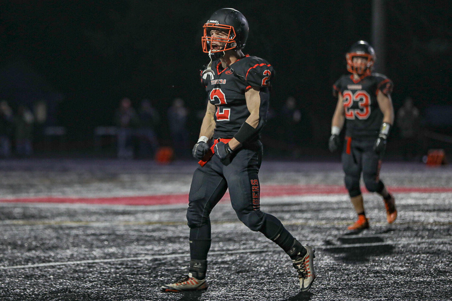 Cael Stanley celebrates a turnover during a 43-14 Napavine win over River View on Nov. 18.