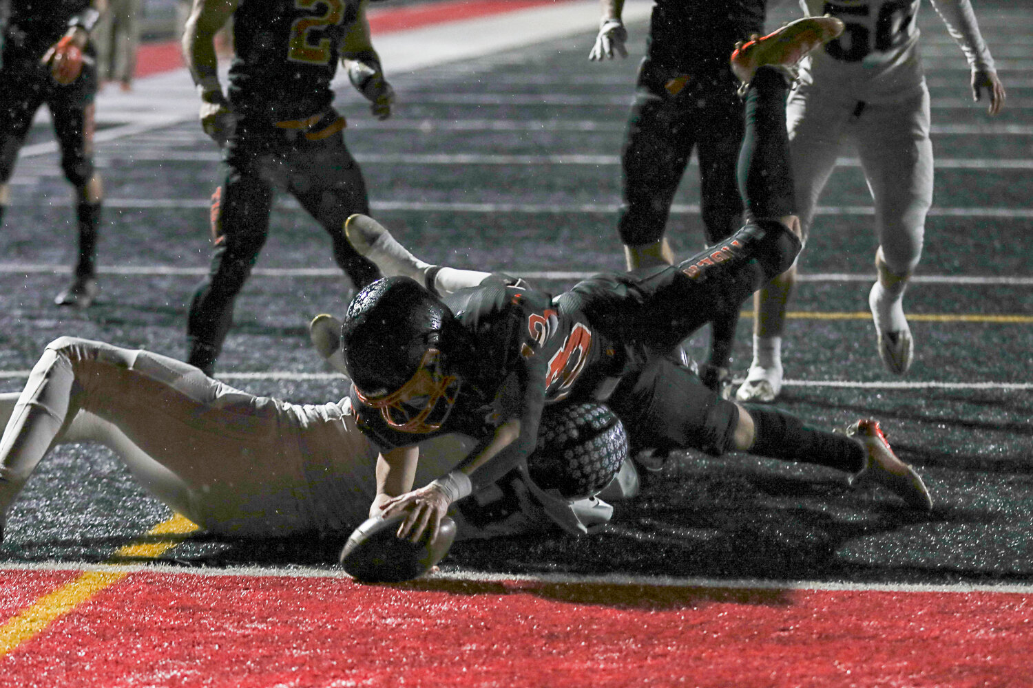 Conner Holmes stretches for the endzone during a 43-14 Napavine win over River View on Nov. 18.