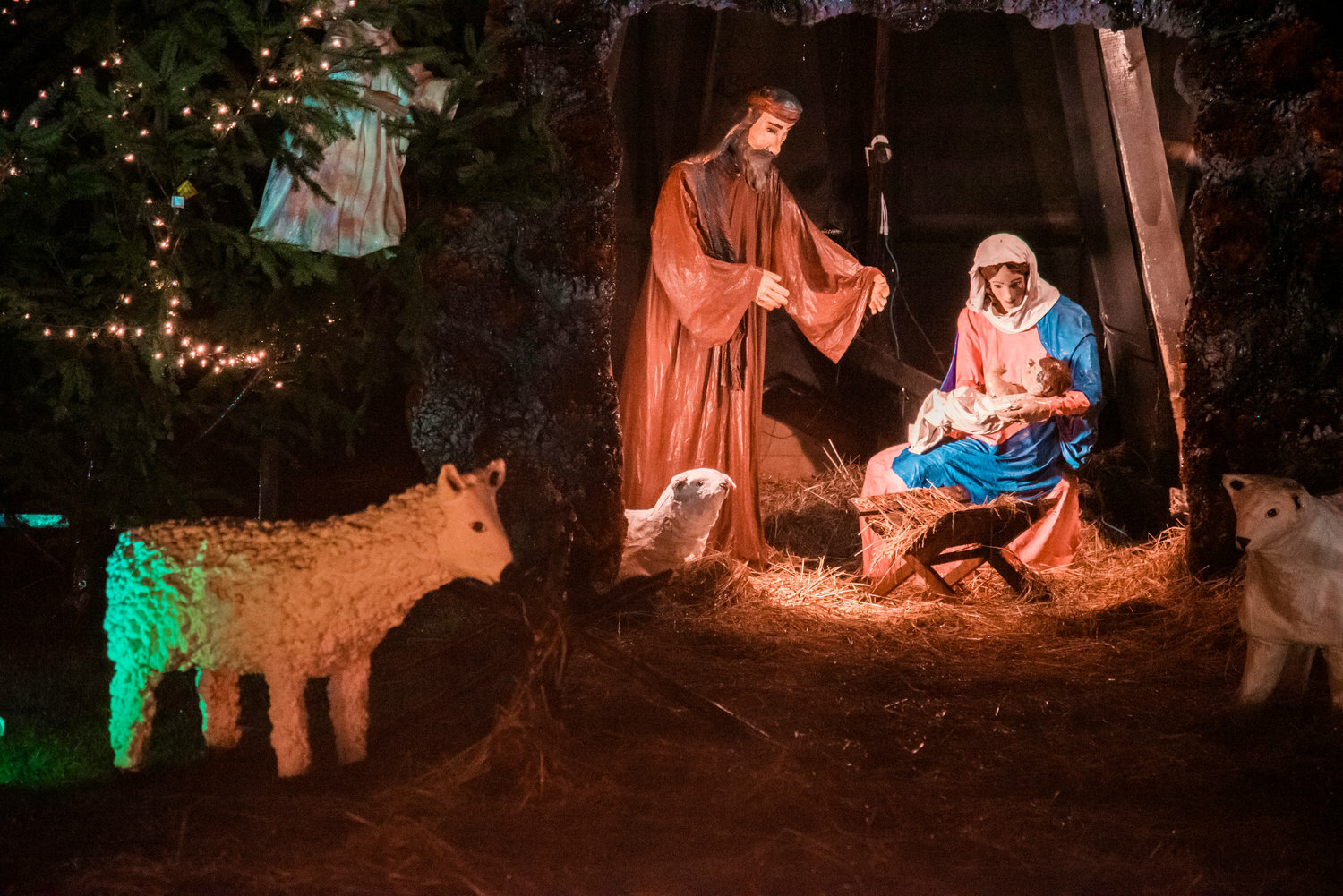 A nativity scene sits illuminated at the center of the Christmas Island in Maytown in 2021.