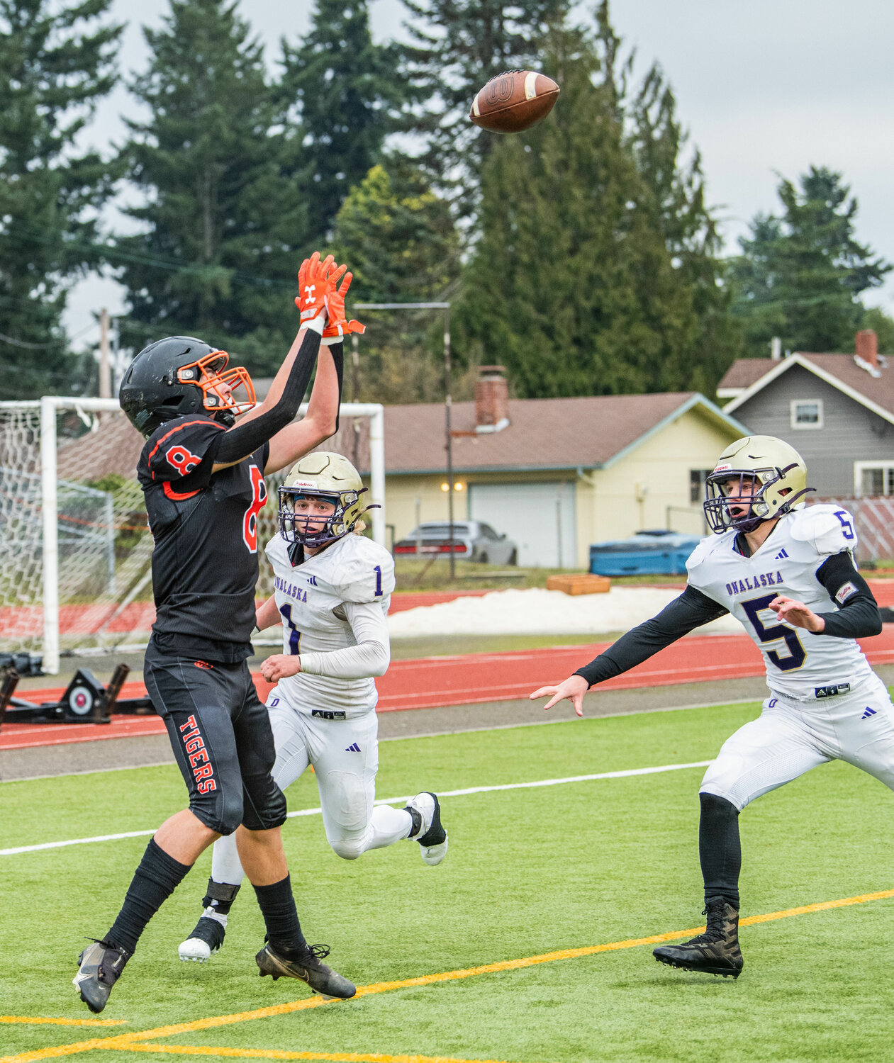 Napavine wide receiver James Grose prepares to make a catch in the end zone during the 2B state semifinals against Onalaska on Saturday in Tumwater.