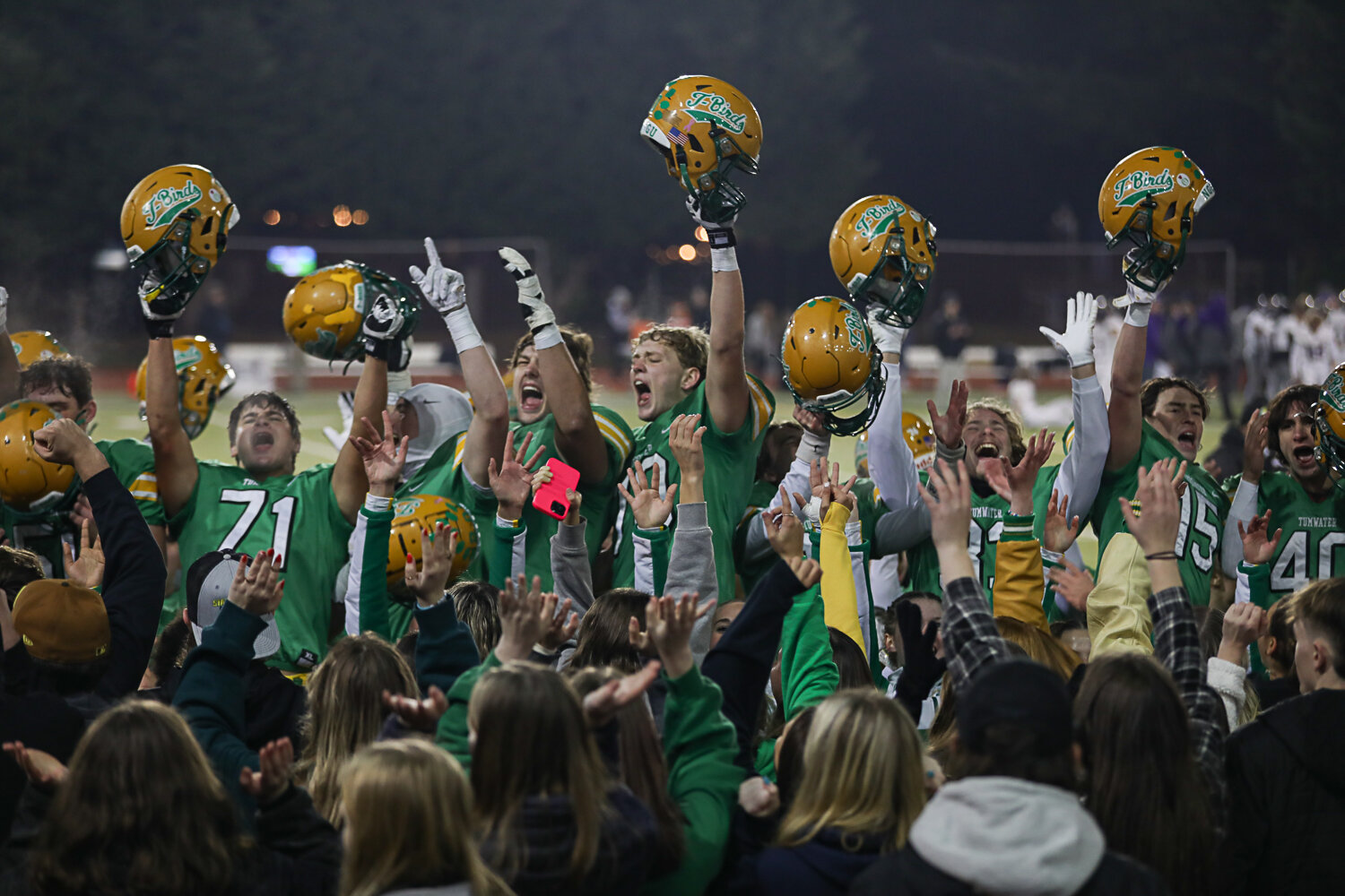 Tumwater players celebrate their 19-17 win over North Kitsap Nov. 25.
