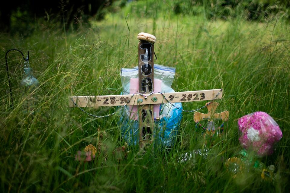 A memorial for JoAnna Speaks, 32, on the abandoned property near Ridgefiled, WA, where her body was found in April, on Wed., June 7, 2023.