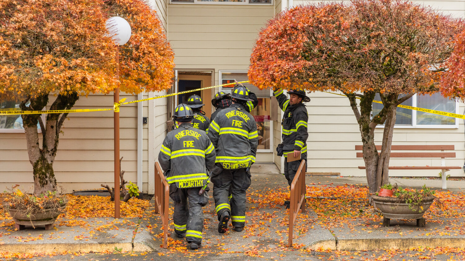 Riverside Fire Authority enters the Centralia Manor Apartments following a fire on Wednesday, Nov. 29.