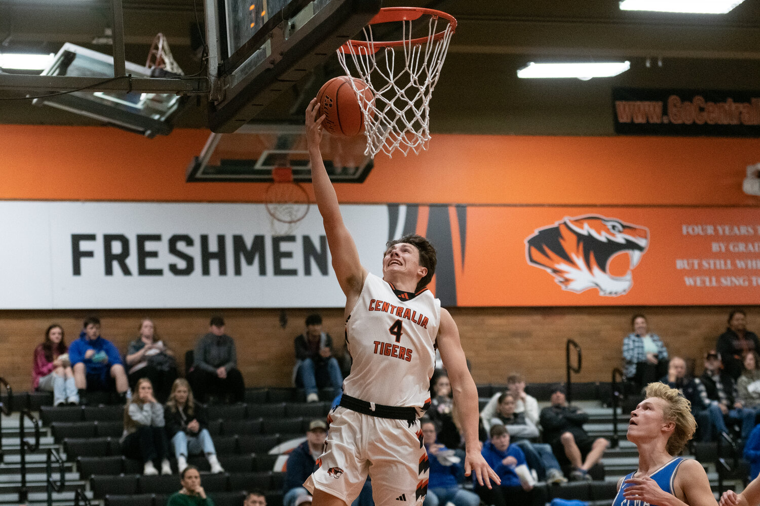 Aidan Haines goes up for two easy points during the first half of Centralia's 64-60 loss to Elma on Dec. 4.