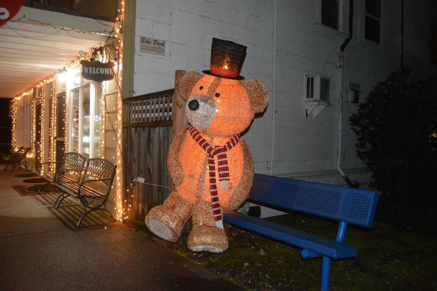 An illuminated teddy bear sits on a bench near Rainier's Holiday Park on Dec. 2.