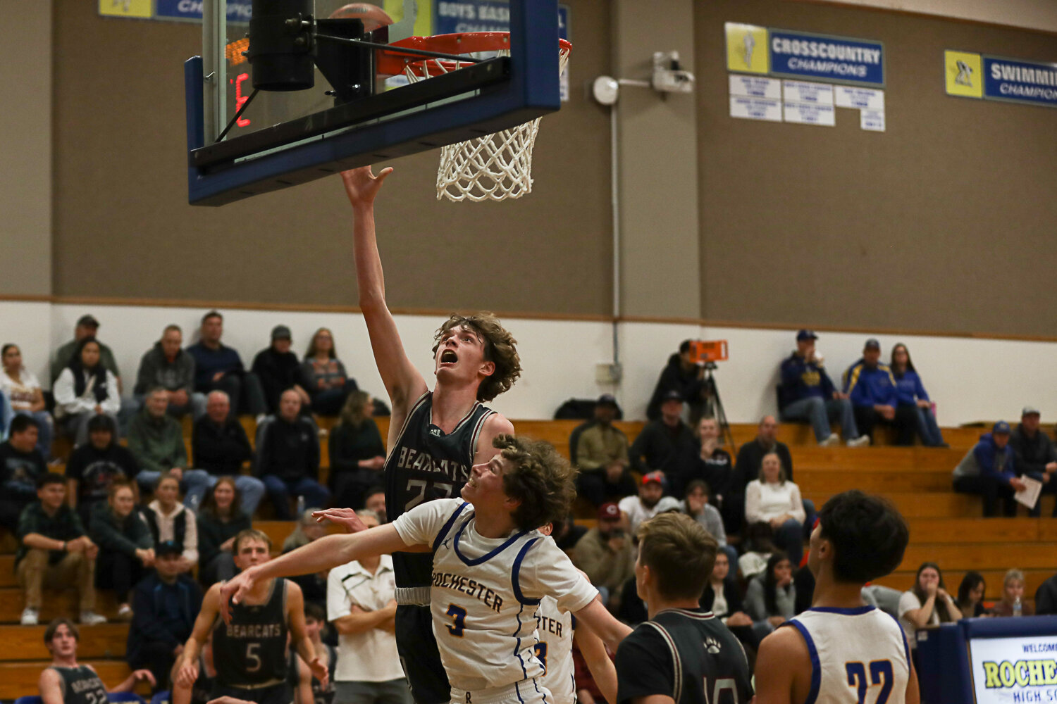 Dylan Rockey banks a layup in during W.F. West's win at Rochester on Dec. 5.