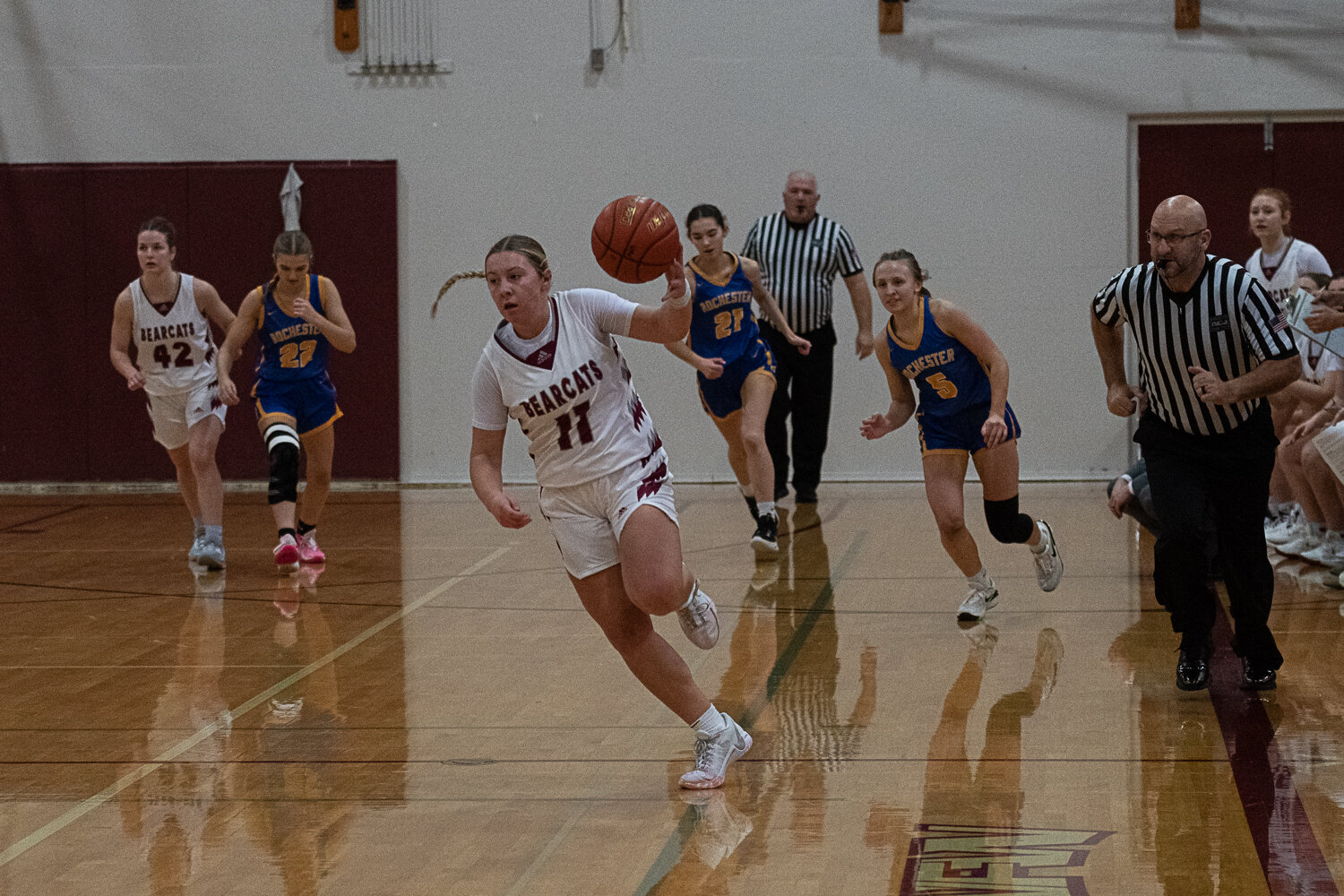 Lena Fragner brings the ball up the court after a steal during W.F. West's win over Rochester on Dec. 6.