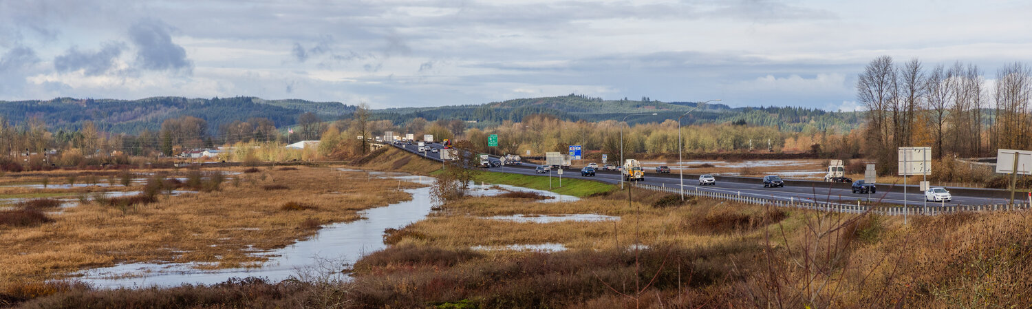 Water levels from the Chehalis River drop along Interstate 5 in Chehalis on Thursday, Dec. 7.