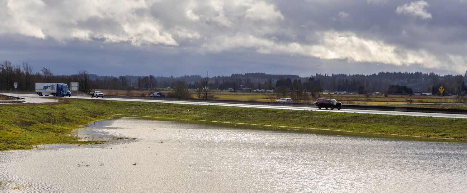 Water levels from the Chehalis River drop along Interstate 5 in Chehalis on Thursday, Dec. 7.