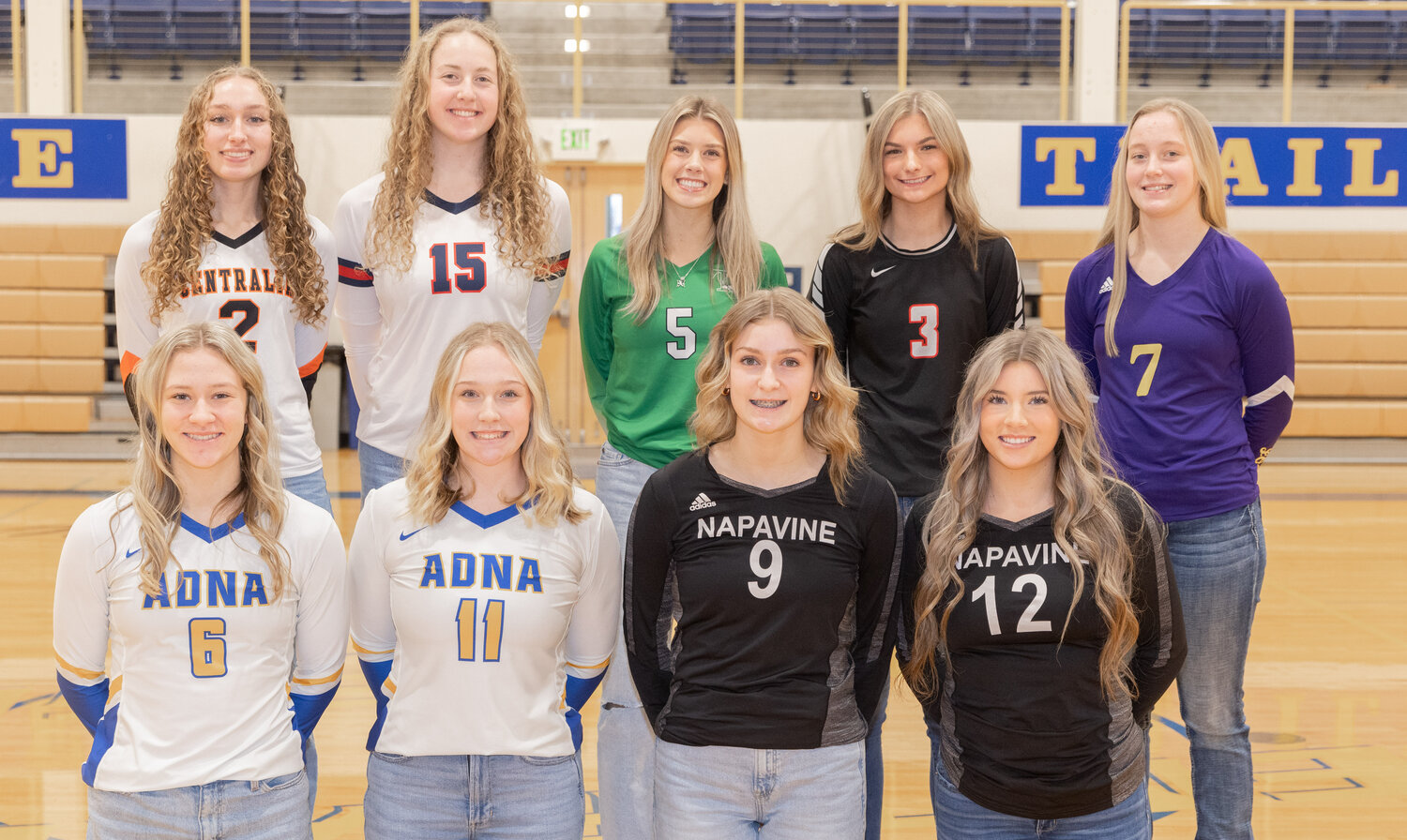 The Chronicle’s 2023 All-Area Volleyball Team poses for a photo on Wednesday, Dec. 6, at Centralia College. In the front row, from left: Adna’s Karsyn Freeman and Kendall Humphrey and Napavine’s Keira O’Neill and Dakota Hamilton. in the back row, from left: Centralia’s Lauren Wasson, Black Hills’ Ashley Harris, Tumwater’s Brooklynn Hayes, Mossyrock’s Erin Cournyer and Onalaska’s Emalie Jacoby. Not pictured: Rainier’s Allyson Ooms.
