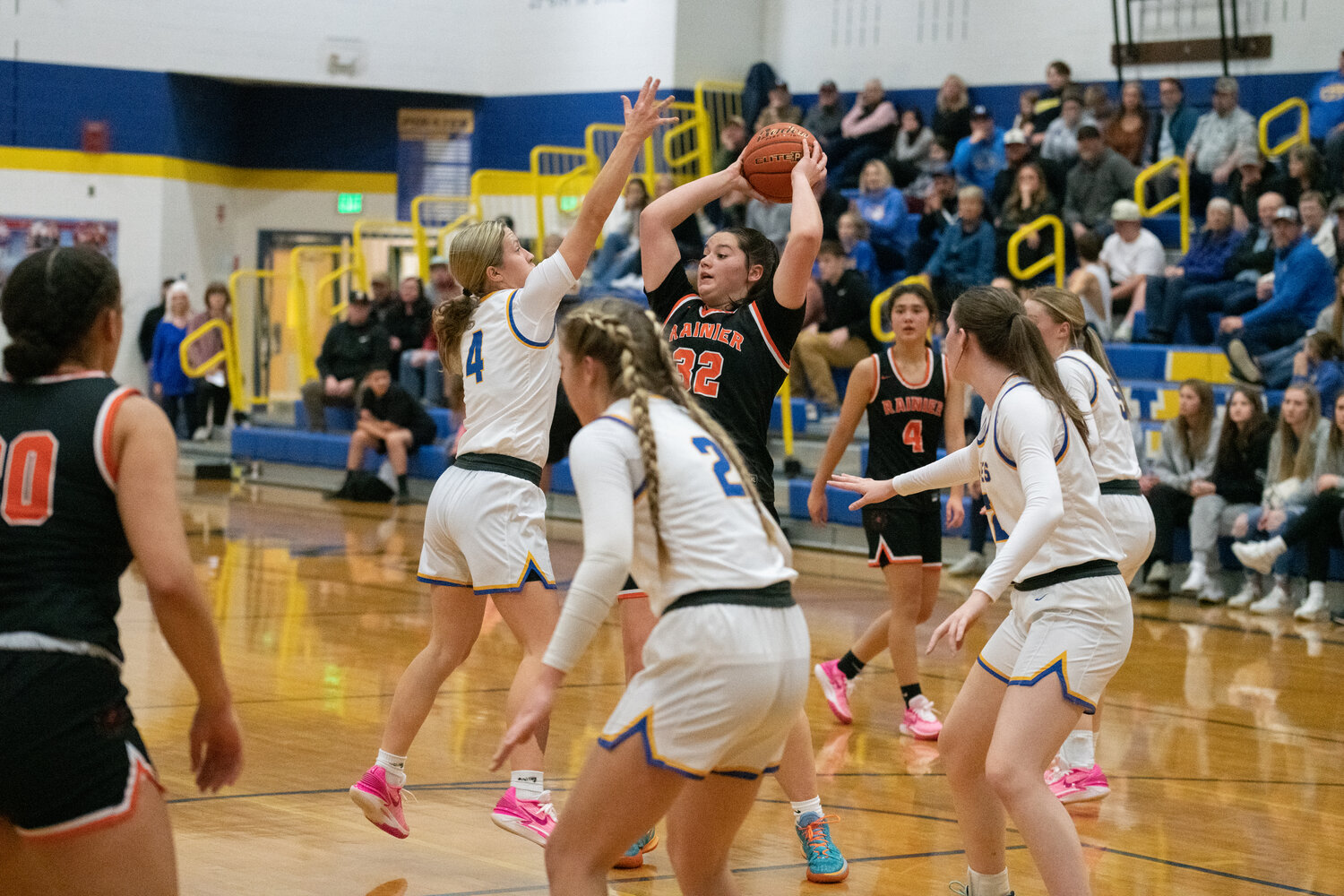 Haleigh Hanson passes out of trouble during the first half of Rainier's 52-49 win at Adna on Dec. 8.