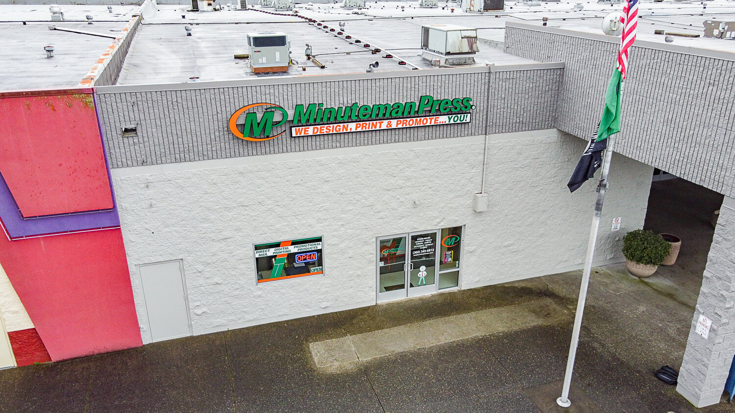 The Minuteman Press shop in Chehalis is pictured from above on Thursday, Feb. 8.